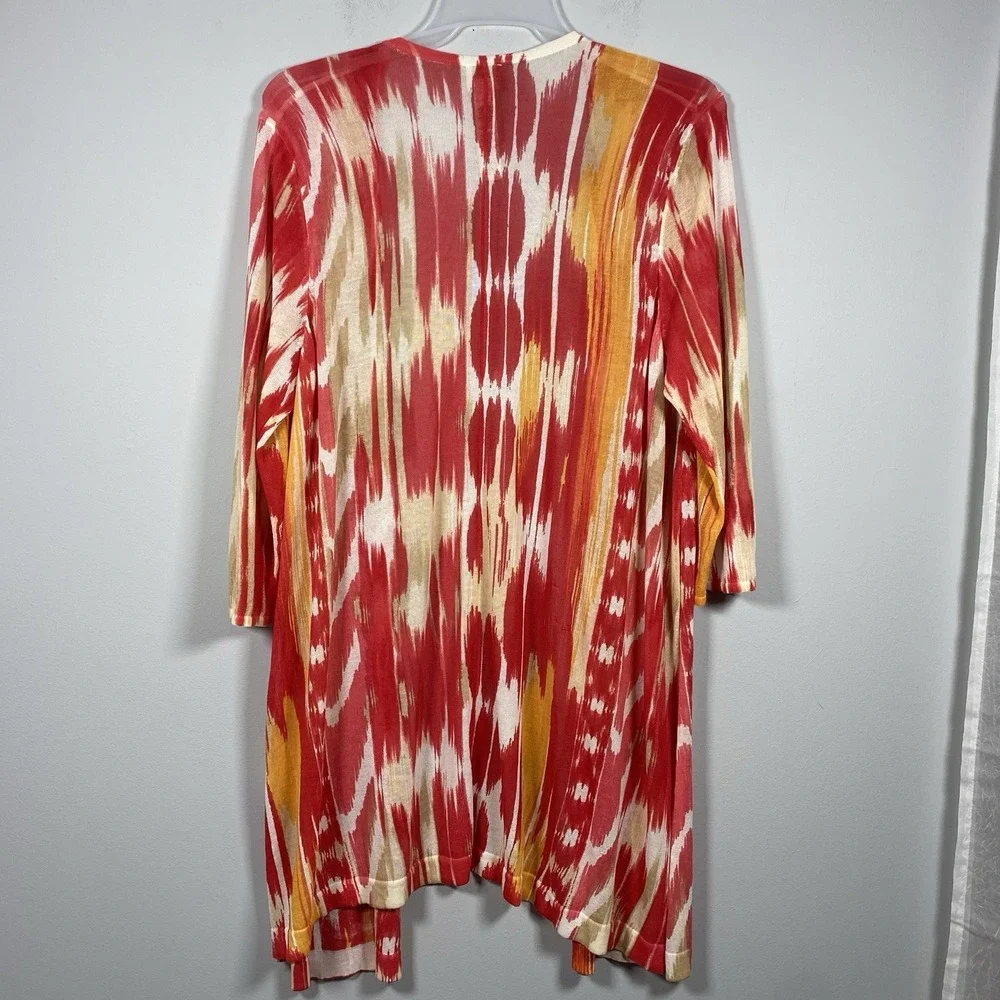 Chico's Cardigan Women's 3 XL Red Orange Side Slits Open Front 3/4‎ Sleeve Artsy